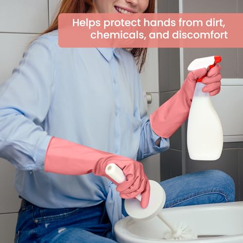 Rubber Cleaning Gloves for Dishwashing, 4 Pairs Reusable Kitchen Gloves for Washing Dishes and Household Cleaning, Pink Dish Gloves with Flocked Lining and Non-Slip Grip, Pefect for Woman Men - M - color: Pink, size: Medium