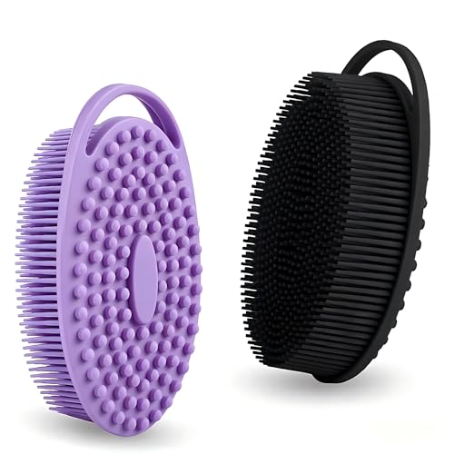 2 Pack Silicone Body Scrubber, Exfoliating Shower Scrubber for All Skin | 2 in 1 dual-sided design, soft bristles and massage bumps side, fast-drying, non-slip handle, for women and men, Black+Purple - color: Black&purple