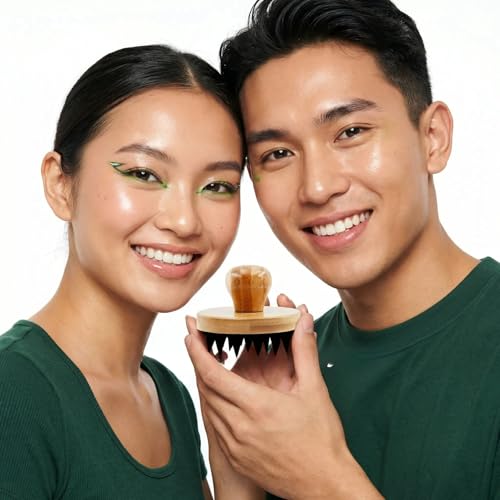 MASAMI Jinia Scalp Scrubber, Bamboo Shampoo Exfoliating Brush | Head Exfoliator, Silicone Bristles, Promotes Healthy Blood Flow, Dandruff Removal