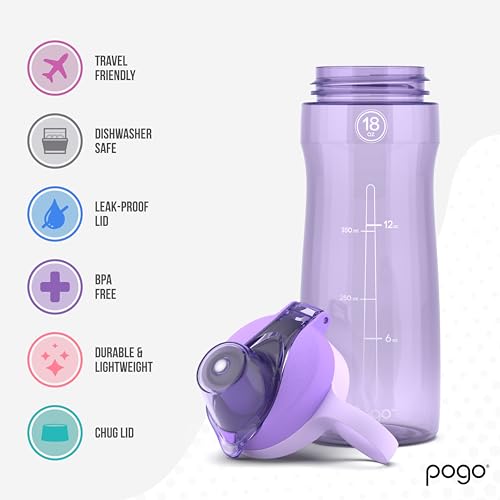 Pogo 18oz Plastic Water Bottle with Chug Lid and Carry Handle, Reusable, BPA Free, Dishwasher Safe, Perfect for Travel, School, Outdoors, and Gym, Lilac - color: Lilac, size: 18 Ounces