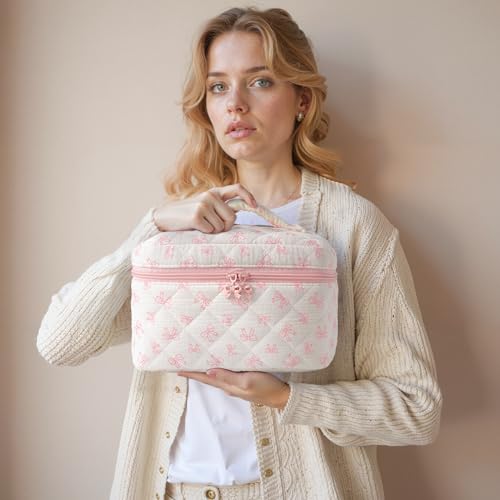 HBselect Quilted Makeup Bag, 3PCS Cotton Large Travel Makeup Bag, Cute Floral Coquette Make up Bag Cosmetic Bag Toiletry Bag for Women Girls - color: A-3PCS-Floral 18
