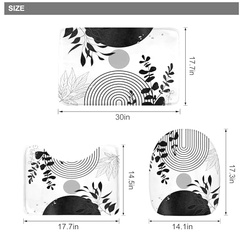 Riyidecor Mid Century 4Pcs Bathroom Shower Curtain Sets Abstract Aesthetic Geometric Minimalist Bathroom Decor Set with Rugs and Accessories Modern Toilet Lid Rug, Contour and Bath Mat with 12 Hooks - color: 07black White