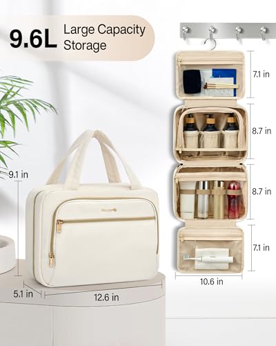 Hanke Hanging Travel Toiletry Bag for Women, Water-Resistant Makeup Organizer with Hook, Cosmetic Bag for Bathroom & Travel Essentials Accessories, Off White - color: Off White