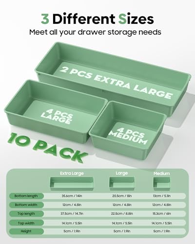 10 Pack Large Size Plastic Drawer Organizers Set, 3 Sizes Desk Drawer Organizer Trays, Storage Bins for Vanity, Makeup, Bathroom, Kitchen Utensils and Office (Green) - color: Green