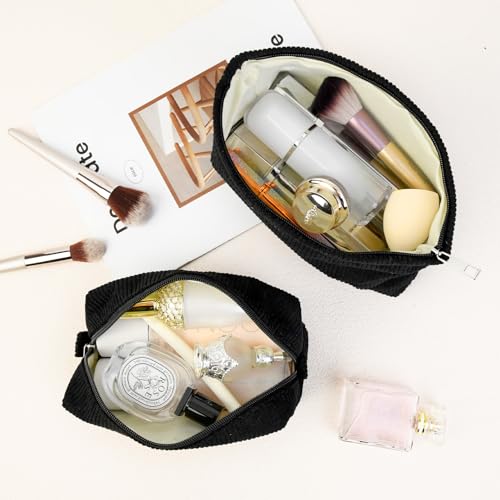 SOIDRAM 2 Pcs Corduroy Makeup Bag Large Cosmetic Bag Toiletry Bag Makeup Pouch Travel Bag Organizer Cute Makeup Brushes Aesthetic Accessories Storage Bag for Women Black - color: Corduroy Black