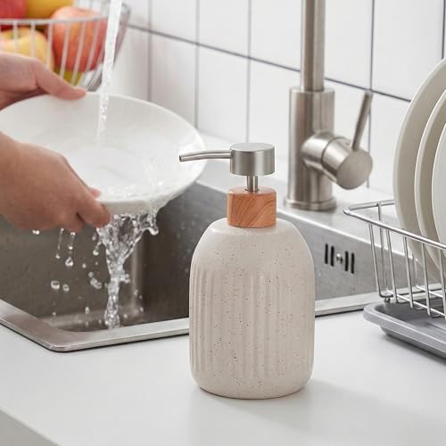 Ceramic Hand Soap Dispenser for Bathroom, 16oz Rustic Kitchen Dish Soap Dispenser, Refillable Liquid Pump Bottle for Shampoo, Lotion, Conditioner, Modern Farmhouse Bathroom Decor - color: Ribbed-cream