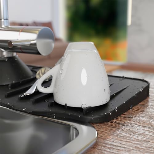 Black Kitchen Sink Splash Guard Behind Faucet. Food-Grade Silicone Kitchen Faucet Splash Guard for Bathroom, RV. Durable Faucet Absorbent Mat for Kitchen Sink with Flexible Petals, Grooves