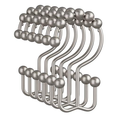 Amazer Shower Curtain Rings, Rust-Resistant Metal Double Shower Hooks for Curtain Rolling Shower Curtain Hooks Rings Shower Rings for Bathroom Shower Curtain Rod, Matte Nickel, Set of 12 Rings - color: Matte Nickel, style: Modern - Double Hooks