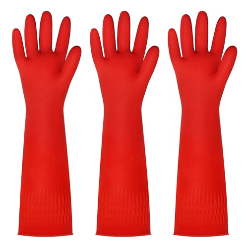 BOOMJOY Cleaning Gloves for Dish Washing, Dish Gloves, Reusable Kitchen Gloves Heavy Duty, Bathroom, Restroom, Red, 3 Pairs, Size-L - color: (Long Cuff)red, size: Large (3 Pairs)