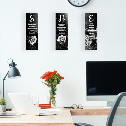 3 Pieces White Bedroom Decor Black And White Rose Women Bedroom Wooden Bathroom Inspirational Office Decor With SHE Religious Words For Kitchen Home(12x Inch) - color: White