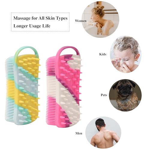 MtBoi 2 PC Silicone Body Scrubber, 2 in 1 Exfoliating Shower Bath Scrubber, Soft Silicone Loofah for Sensitive Skin, Shower Hair Scalp Massager, Easy to Clean, Lather Well (Purple & Yellow) - color: Purple&yellow