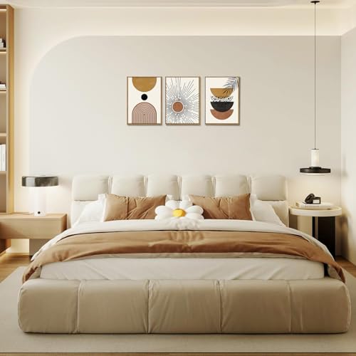 Bwodke Boho Wall Art, Framed Abstract Sun Wall Art, Neutral Canvas Wall Decor, Mid Century Geometric Line Pictures Set of 3, Minimalist Paintings, for Bedroom Living Room Bathroom 12"x16" - color: Boho Sun, size: 12"x16"Natural
