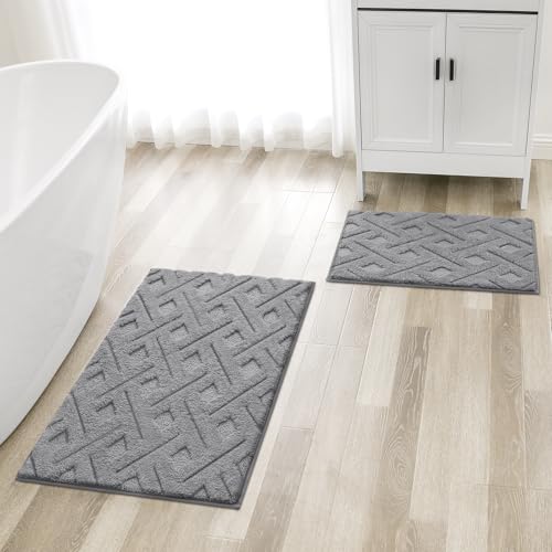 HOMEIDEAS Grey Bathroom Rug Set 2 Piece, Soft Microfiber Tufted Bath Mats, Super Absorbent Non Slip, Machine Washable Bathroom Rugs for Tub, Shower and Floor, 20" x 32" Plus 16" x 24" - color: Grey