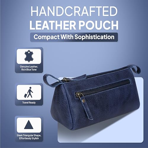 Leather Makeup Bag for Women – Genuine Leather Cosmetic Bag Travel, Handmade Zippered Makeup Pouch, Small Toiletry Bag, Shaving Kit & Stationery Organizer- Blue - color: Blue