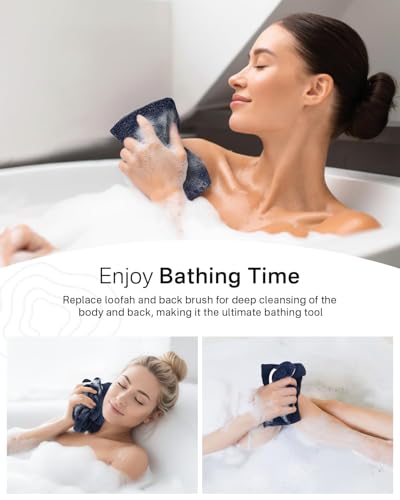 Yiclick Exfoliating Washcloth Towel with Handle, Back Scrubber for Shower, Exfoliating Body Scrubber Exfoliator, Japanese Wash Cloth for Body Scrub, Bath Sponge Loofah Luffa Washer Exfoliator - color: Blue