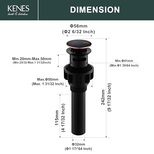 KENES Oil Rubbed Bronze Pop Up Bathroom Sink Drain with Overflow, Lavatory Bathroom Vanity Sink Drain Stopper, Sink Drain Assembly with Overflow Anti Clog Pop Up Drain - color: Oil-rubbed Bronze, size: Big Pop up Cap (With Overflow)