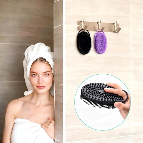 2 Pack Silicone Body Scrubber, Exfoliating Shower Scrubber for All Skin | 2 in 1 dual-sided design, soft bristles and massage bumps side, fast-drying, non-slip handle, for women and men, Black+Purple - color: Black&purple