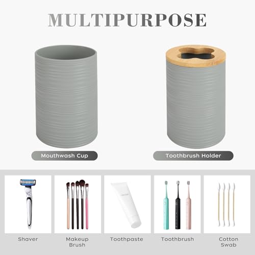 4 PCS Grey Bathroom Accessories Set, Includes a Soap Dispenser, Toothbrush Holder, Soap Dish and Mouthwash Cup, Plastics & Bamboo Bathroom Set, Bohemian Style Bathroom Sink Set - color: Grey, size: 4 PCS