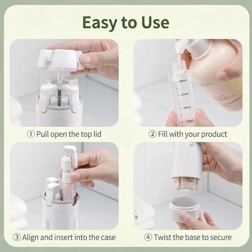 4 in 1 Travel Dispenser Bottle Leak Proof Refillable Travel Bottles Pump Shampoo Conditioner Lotion Cosmetic Containers Portable Set 4 Pack 30ml Air Travel Business Trip Essentials (White+Green)