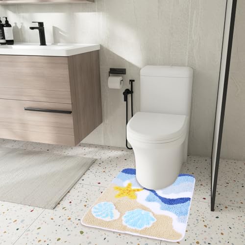 Whaline Summer U Shaped Toilet Mat Bath Rug Absorbent Ocean Wave Beach Seashell Starfish Bathroom Mat for Summer Coastal Toilet Base Bathroom Floor, 19.7 x 23.6 Inch