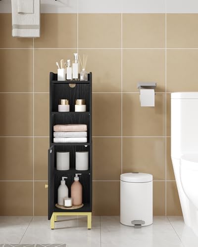 Hzuaneri Bathroom Storage Cabinet, Small Corner Floor Cabinet with Door and Shelves, Narrow Toilet Paper Holder, Bathroom Organizer with Adjustable Shelf, for Small Spaces, Black BC38204GV1 - color: Black, size: 7.9"D x 9.8"W x 35.4"H