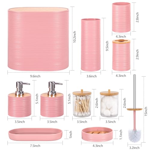 Bathroom Accessory Set,10 PCS Pink Bathroom Accessories Set with Trash Can, Toothbrush Holder, Soap Dispenser, Toothbrush Cup, Vanity Tray, Soap Dish, Toilet Brush, Qtip Holders - color: Pink
