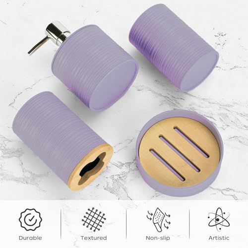 4 PCS Lavender Bathroom Accessories Set, Includes a Soap Dispenser, Toothbrush Holder, Soap Dish and Mouthwash Cup, Plastics & Bamboo Bathroom Set, Bohemian Style Bathroom Sink Set - color: Lavender Purple, size: 4 PCS