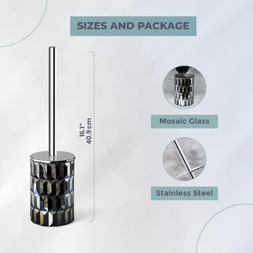 Escenzy Cute Toilet Brush and Holder Set Mosaic Glass | Non-Rustic Stainless Steel | Practical & Decorative Toilet Bowl Brush and Holder | Luxury Black and Gold Bathroom Accessories (Latest) - color: Black Gold Straight