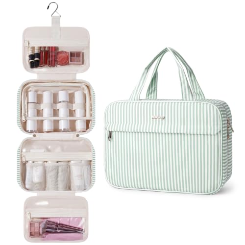 Narwey Striped Hanging Travel Toiletry Bag, Makeup Bag Organizer Make up Toiletries Bags for Full Size Essentials, Accessories, Brushes, Cosmetics (Mint Green Stripe, Large) - color: B-Mint Green Stripe, size: Large