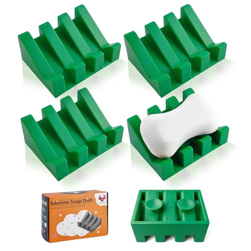 Soap Dish Holder for Shower with Suction Cup, Silicone Soap Holder & Saver Self-Draining Bar Soap Dish Keeps Soap Dry for Bathroom, Kitchen, Bathtub (Deep Green,4-Pack) - color: Deep Green,4-pack
