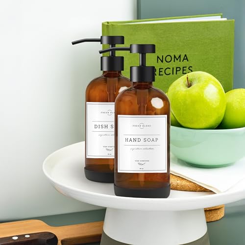 Vine Creations Amber Glass Soap Dispenser Set - Kitchen Soap Dispenser Set with Stainless Steel Pump - 16 oz Dish Soap and Hand Soap Dispensers for Bathroom with Silicone Pad & Waterproof Labels - color: Amber Bottle / Matte Black Flat-style Pump