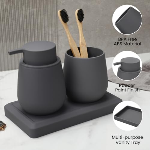Bathroom Accessories Set, Modern 3 Pcs Bathroom Essentials - Soap Dispenser, Toothbrush Holder & Tray, Countertop Vanity Organizer (Gray) - color: Gray