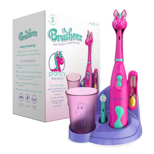 Brusheez Kids’ Electric Toothbrush Set - Safe & Effective for Ages 3+ - Parent Tested & Approved with Gentle Bristles, 2 Brush Heads, Rinse Cup, 2-Minute Timer, & Storage Base (Prancy the Pony) - color: Prancy the Pony
