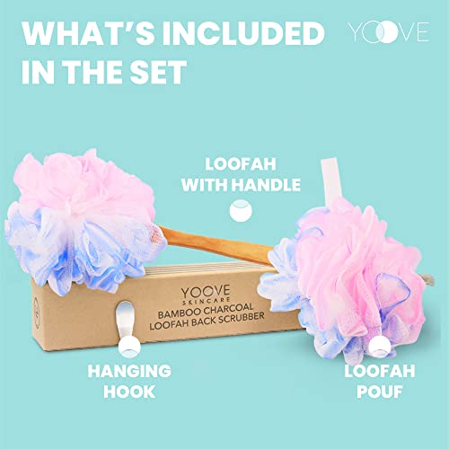 Yoove Loofah Back Scrubber w/Bamboo Charcoal Fiber Infused Bath Sponge, Wooden Handle, Luffa Pouf, Sponge Stick & Hanging Hook for Men & Women, Pink Loofah w/Handle, Loofa, Lufa Body Scrubber Stick - style: Pink