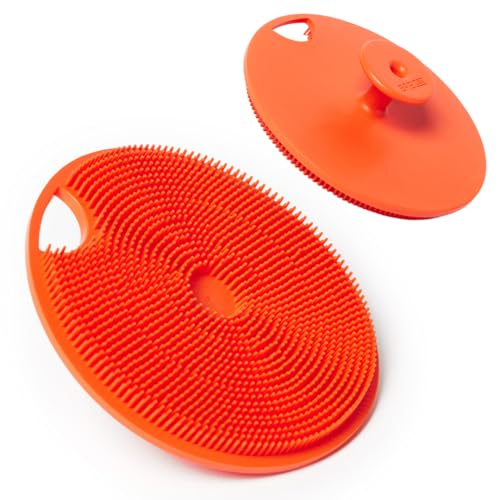 Boie USA Body Scrubber with Handle - Hygienic, Exfoliating Loofah Alternative - Feels Like Silicone Scrubber Gentle on Sensitive Skin, Hypoallergenic, BPA & Latex-Free, Made in the USA (Orange) - color: Orange