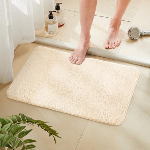 TECHMILLY Shaggy Bathroom Rug Mat 32x20, Absorbent Thick Non Slip Microfiber Mats, Quick Dry Machine Washable Bath Rug for Bathroom Floor, Bathtub and Shower, Cream - color: Cream, size: 1'8" x 2'8" (Rectangular)