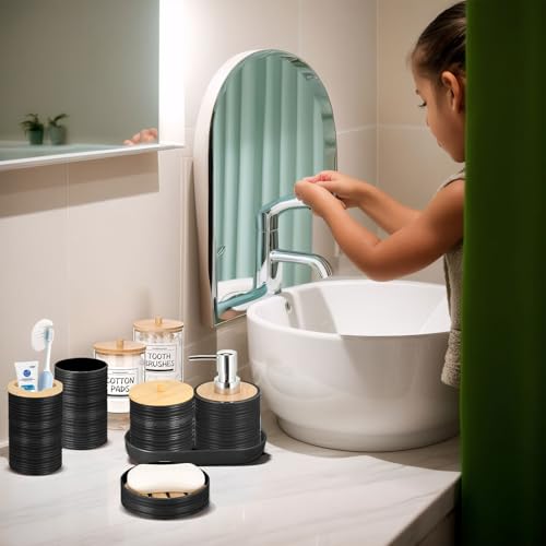 IMAVO Bathroom Accessory Set-11Pcs Black Bathroom Accessories Set with Trash Can,Soap Dispenser,Soap Dish,Toothbrush Holder,Toothbrush Cup,Toilet Brush Holder,Qtip Holder Dispenser with Labels - color: Black, size: 11 PCS Bathroom Set