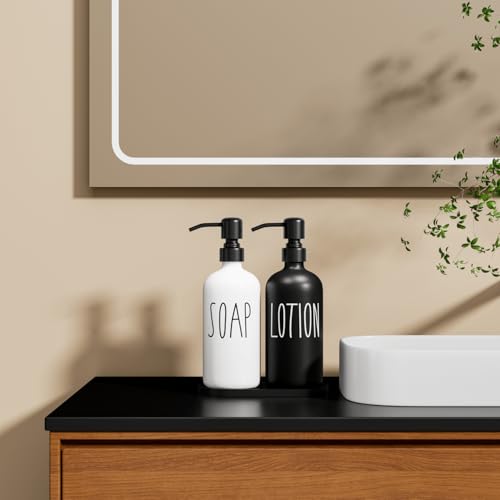 MOMEEMO Glass Soap Dispenser with Stainless Steel Pump, Contains Lotion Dispenser, Hand Soap Dispenser & Tray. (Black & White) - color: S&l Black White With Tray