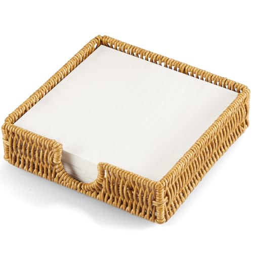 Napkin Holder for Table, Woven Wicker Synthetic Rattan Napkin Holders For Paper Napkins, Napkin Holders for Kitchen Dinner Table Boho Decor and Accessories, Square Napkin Basket and Serving Tray - color: Khaki, size: 7.2"L x 7.2"W x 2.2"H