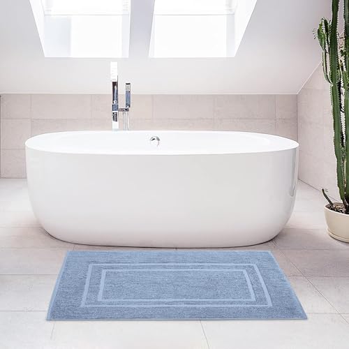 Feather & Stitch 2 Piece Towel Like Bath Mats (30x21 Inch) 100% Cotton Terry Bath Mats, Bathroom Shower Floor Mats [NOT A Bathroom Rug], Soft Absorbent Washable Mats - Pool Blue - color: Pool Blue