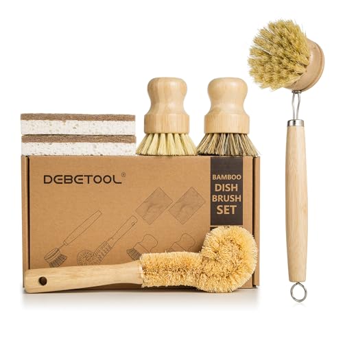 DEBETOOL 6 Piece Bamboo Dish Brush Set with Coconut Sponge - Wooden Dish Brush with Sisal and Palm Fiber, Natural Bamboo Dish Scrub Brush for Kitchen Cleaning Dishes, Pots, Pans, Bottles, Vegetables