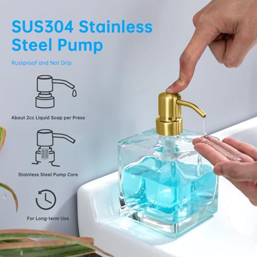Square Bathroom Soap Dispenser Brushed Gold, 16 oz Glass Bottles with Stainless Steel Pump Retangle Cube Liquid Large Capacity Soap Dispenser Kitchen - color: Gold, size: 16.9oz-Square