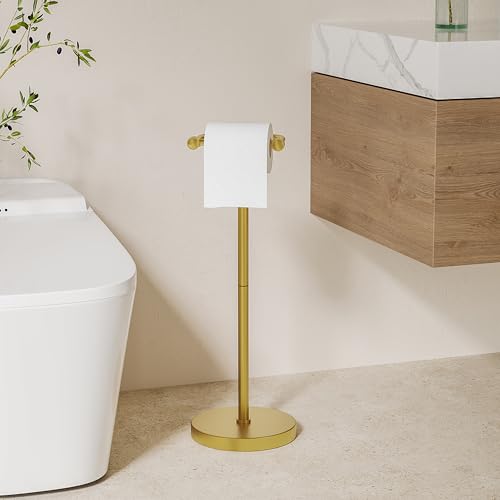 Toilet Paper Holder Stand, Modern Bathroom Free Standing Toilet Paper Roll Holder, Post Pivoting Toilet Paper Stand with Stainless Steel Tissue Rack, Rust-Proof & Heavy Stable Base（Brushed Gold） - color: Brushed Gold, size: Free Standing