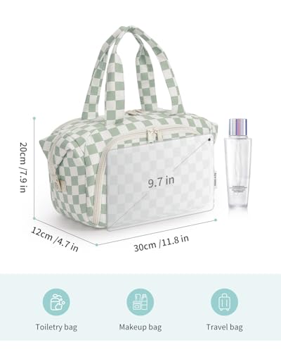 Narwey Travel Toiletry Bag for Women, Checkered Large Makeup Bag, Wide Open Cosmetic Make Up Organizer with Handle, Wet Pocket for Towel, Travel Bag for Toiletries, Brushes, Essentials (Green Checker) - color: Mint Green Checkerboard