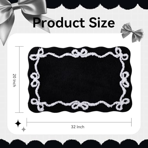 TRUEDAYS Black Scalloped Bath Mat - Cute Bow Bathroom Rugs Small Non Slip Bath Mat, Soft & Absorbent Bath Rugs for Bathroom Decor, Tub, Vanity Floor - color: Black Scalloped Bow