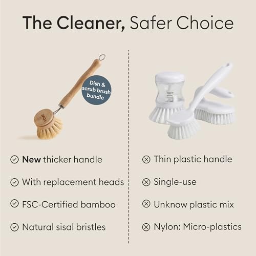Vove Bamboo Dish Brush Replacement Heads 4-Pack, Refill Heads with Natural Fiber Bristles for Long-Lasting Use, FSC-Certified Bamboo, Plastic-Free Zero-Waste Kitchen Refill - style: 4 Replacement heads