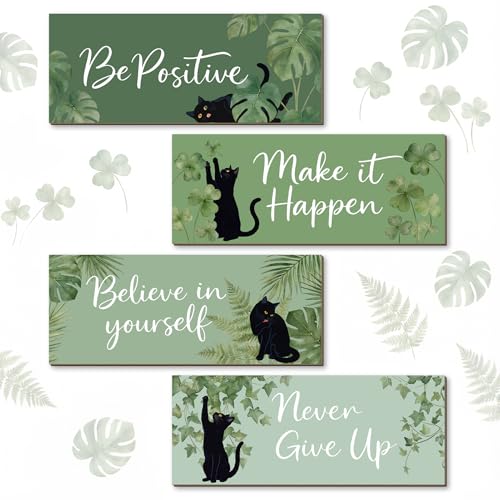 4Pcs Sage Green Office Decor for Women Inspirational Wooden Wall Decor for Office Home Sage Green Black Cat Wall Art Motivational Quotes Wooden Signs Set Positive Affirmations for Bedroom Work - style: Sage Green