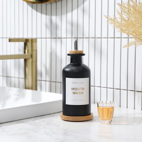 11.8OZ Glass Mouthwash Dispenser for Bathroom with Stainless Steel & Bamboo Nozzle, Mouthwash Cup Reusable, Bamboo Tray, and Elegant Gold Sticker.(Black) - color: Black/350*1