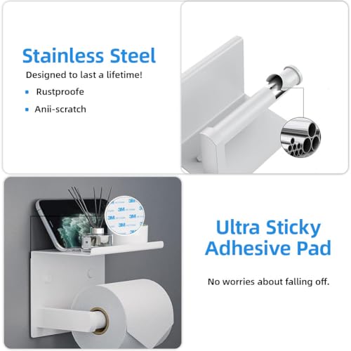 Self Adhesive Toilet Paper Holder with Phone Shelf Stainless Steel Wall Mounted Toilet Paper Roll Holder - Rustproof and Bathroom Washroom Tissue Roll Holder with Storage Shelf -White - color: White