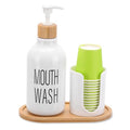 Mouthwash Dispenser with Cup Holder, Plastic White Mouth Wash Pump Bottle with Tray for Bathroom Organizers, 17oz Refillable Clear Mouthwash Container - color: Group a - White